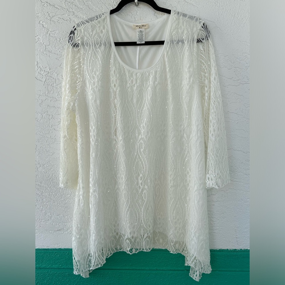Brittany Black P2P 22” Lace Overlay Sequence Lined 2X White Blouse